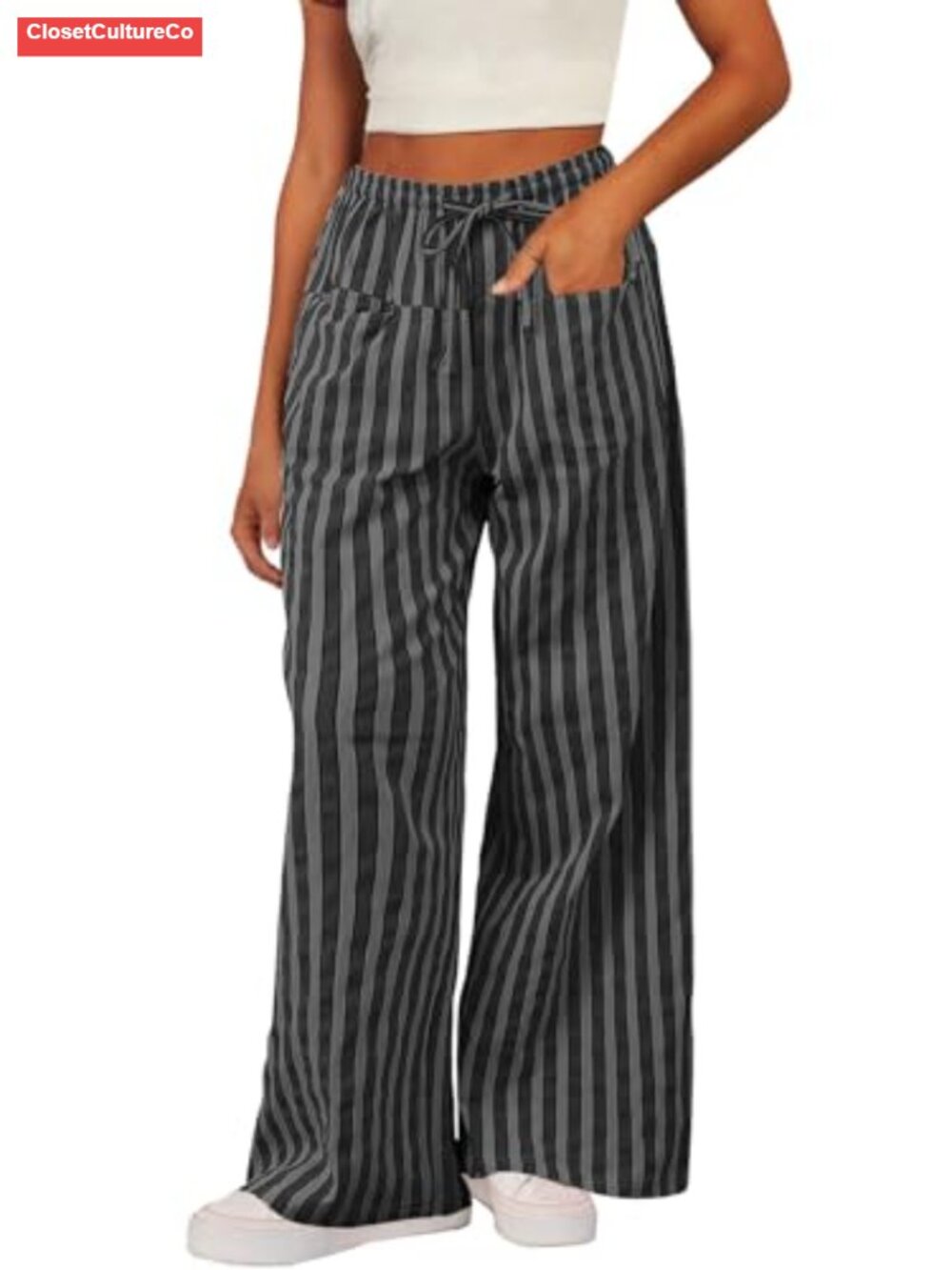 Women's Wide Leg Striped Pants with Pockets Drawstring Elastic Waist Casual